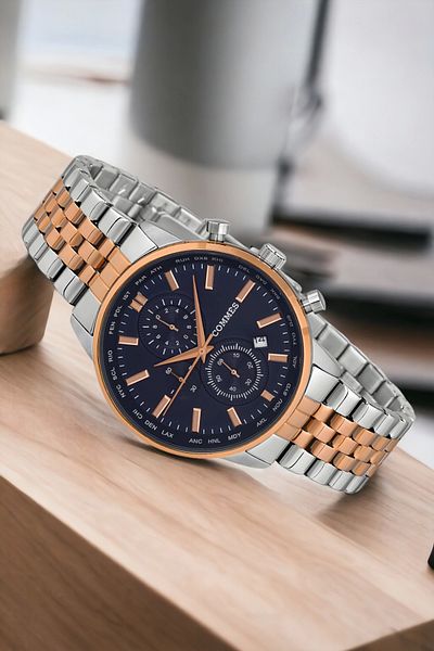 COMMES men's Wristwatch - Steel Cord, Full Function Crono, Silver-Rose Color Bracelet Zmcms030