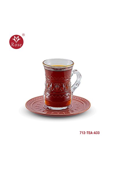Rose CR-712--Rose tea set consisting of 6 clear glass tea cups and 6 saucers made of ceramic with distinctive modern engravings