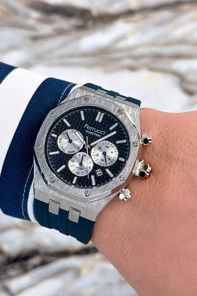Ferrucci Blue Silicone Cord Steel Case Function Men's Wristwatch Bracelet Zmfer077