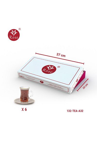 Rose CR-132--Rose tea set consisting of 6 clear glass tea cups and 6 saucers made of ceramic with distinctive Islamic designs