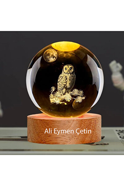 hediyesahibi İsme Özel Ahşap Baykuş Cam Küre 3 Boyutlu Şans Küresi 6cm