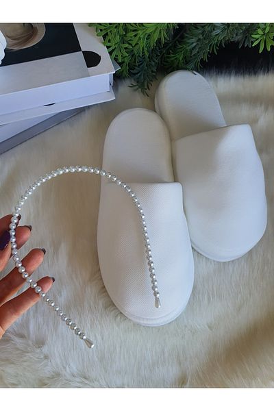 Fiyonks Atölye Women's Pearl Maternity Crown Slippers Set, Newborn Set