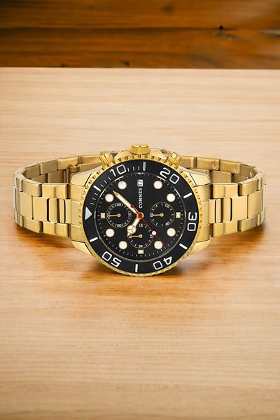 COMMES Calendar Steel Cord Men's Wrist Watch Gold-black Color Bracelet Zmcms035