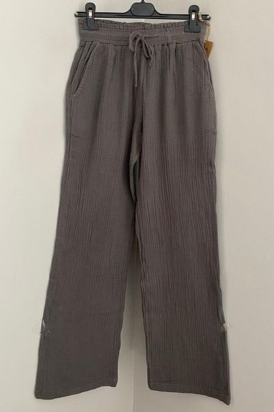 AYASOFYA OTANTIK Women's Anthracite Elastic Waist Binding Detailed Muslin Cotton Wide Leg Trousers