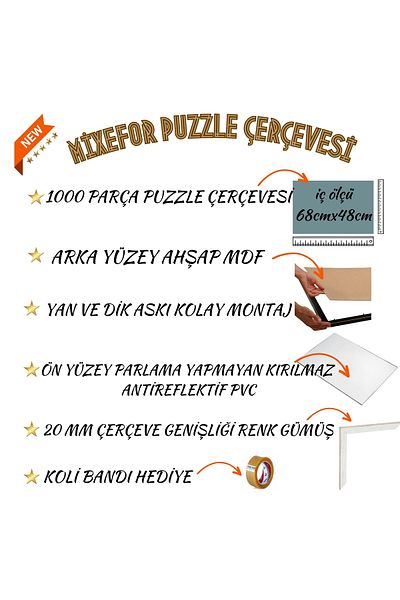 mixefor Cadru puzzle de 1000 de piese CULOARE ARGINTIU Dimensiune 68cm x 48cm Plexiglass anti-orbire pe suprafața frontală
