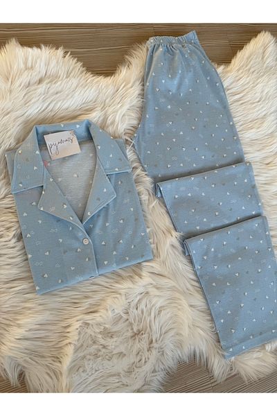 Pijamacs Set de pijamale cu guler de cămașă cu mânecă scurtă din bumbac cu model mini inimă albastră
