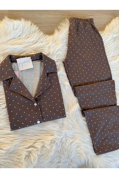 Pijamacs Mink Polka Dot Patterned Cotton Short Sleeve Shirt Collar Pajama Set