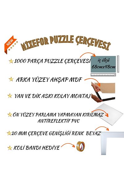 mixefor Cadru puzzle 1000 de piese CULOARE ALB Dimensiune 68cm x 48cm Plexiglass anti-orbire pe suprafața frontală