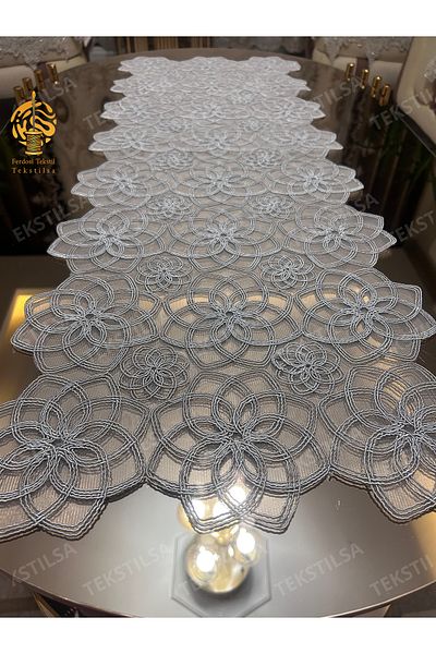 Tekstilsa New Luxury Runner - French Laced Dowry Set GRAY 5 Pieces Living Room Table Coffee Table Cover