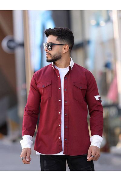 YXC Men's Slim Fit Slim Fit Long Sleeve Lapel Black Double Pocket Shirt.
