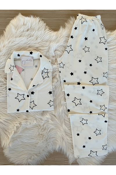 Pijamacs White Star Patterned Cotton Short Sleeve Shirt Collar Pajama Set