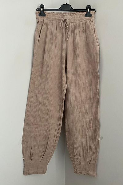 AYASOFYA OTANTIK Women's Beige Elastic Waist Tied Detailed Muslin Cotton Pencil Leg Trousers