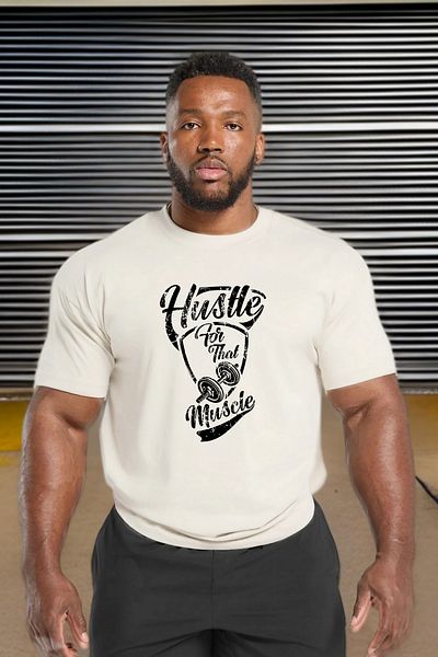 BESSA Ανδρικό μπλουζάκι Hustle Muscle με στάμπα μπεζ Oversize Crew Neck Cotton Athlete