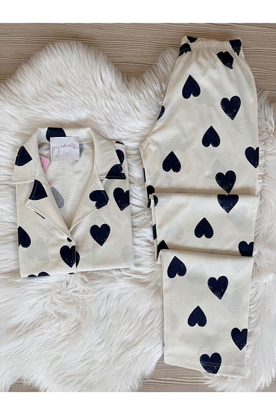 Pijamacs Navy Blue Heart Patterned Cotton Short Sleeve Shirt Collar Pajama Set