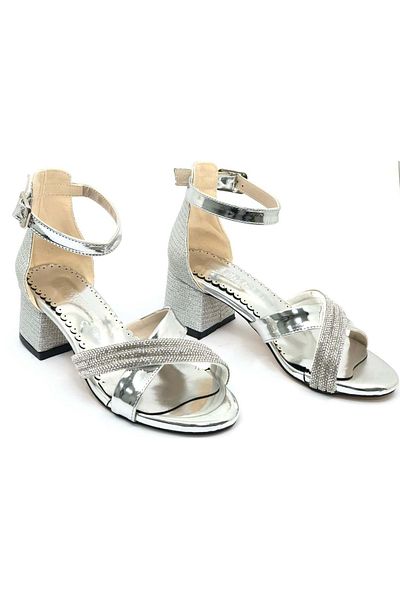 Kocamanlar Ayakkabı İremsu 2727 Girl's Evening Dress Stone Heeled Shoes Silver