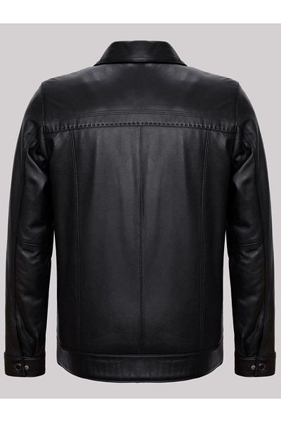 DeriWork Genuine Leather Black Men's Leather Coat Plain Side Pocket Leather Jacket
