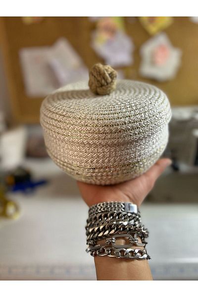 AYŞE SERHOŞOĞLU HOME DESİGN Wicker Basket, Decorative Basket with Lid, Multi-Purpose Box, Ecru Sugar Bowl Basket
