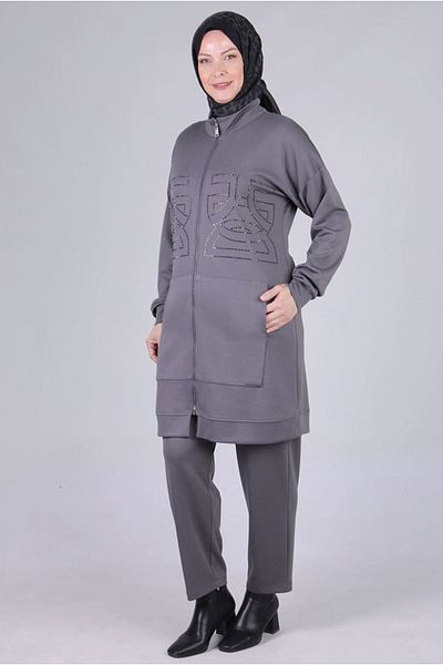 Moda Rosa 25K3536 - Smoked - Large Size Hijab Modal Fabric Trouser Suit