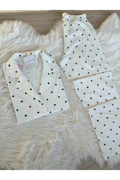 Pijamacs White Polka Dot and Heart Pattern Cotton Short Sleeve Shirt Collar Pajamas Set