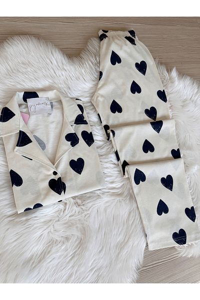Pijamacs Navy Blue Heart Patterned Cotton Short Sleeve Shirt Collar Pajama Set