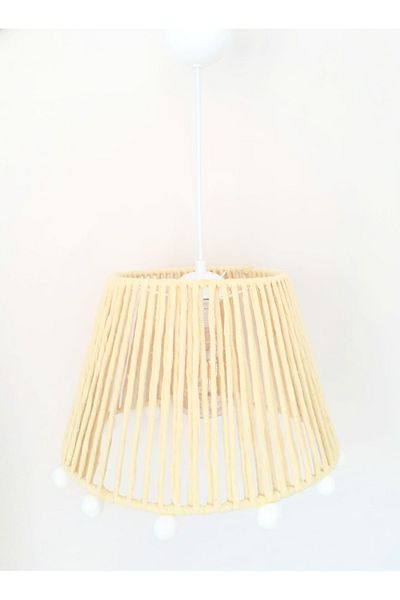 C&A&B KUZEY AVİZE Yellow Macrame Rope Wrapped Ecru Pompom Baby and Children's Room Pendant Lamp Chandelier