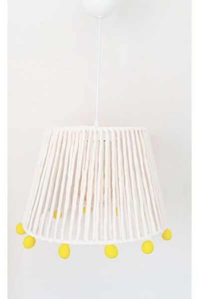 C&A&B KUZEY AVİZE Ecru Macrame Rope Wrapped Yellow Pompom Baby and Children's Room Pendant Lamp Chandelier