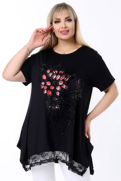 Kheos Floral Print Round Neck - Asymmetrical Tunic with Lace Skirt and Slit