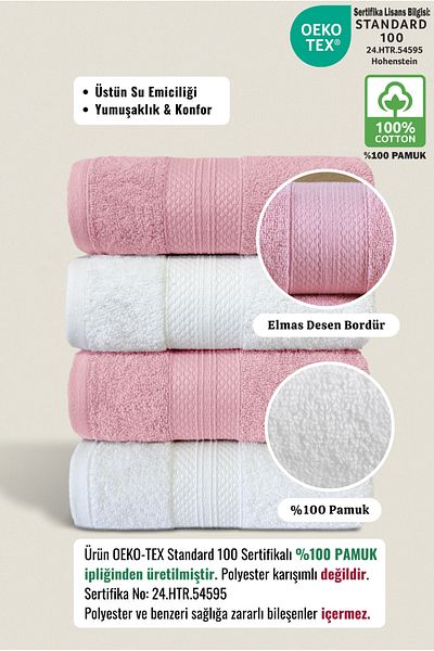 Ellaline طقم مناشف مكون من 4 قطع - 100% قطن، نمط ألماس، معتمد، طقم مناشف مطبخ / وجه / يد مقاس 50 × 80 سم