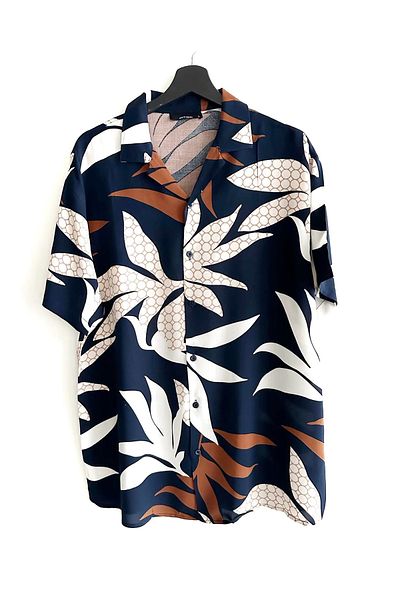 Hazhers Ανδρικό πουκάμισο Oversize γιακά κοντομάνικο καλοκαιρινό πουκάμισο βισκόζης
