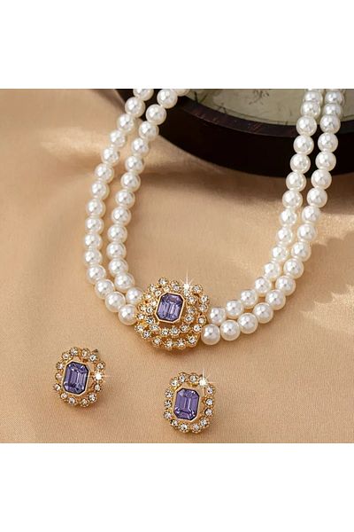 Monarque Luxurious Elegan Double Rows Pearls Set Jade Stone Accent Bracelet & Earrings, Acrylic Daily Wear