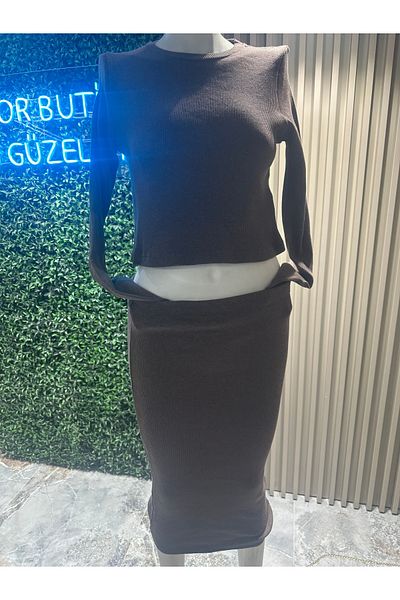 mor butik Purple Butik Women's Brown Crop Skirt Suit