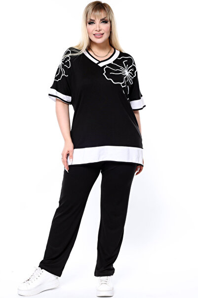 Kheos V-Neck Short Bat Sleeve Flower Stone Embroidered Slit Blouse Waist Lace-Up Elastic Pocket Pants Set