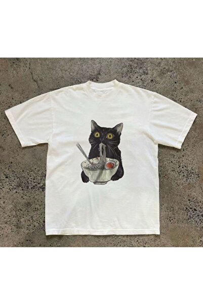 donamod Noodle Cat/Kedi BASKILI OVERSİZE BEYAZ UNİSEX/KADIN/ERKEK TİŞÖRT