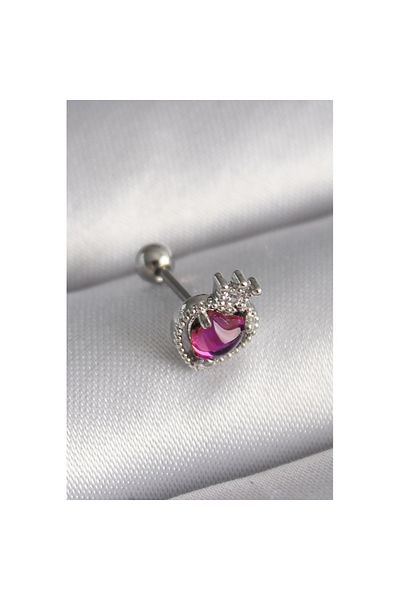 Skygo 316L Steel Silver Color Pink Enamel Heart Zircon Stone Detailed Crown Tragus Piercing - Tj-Pr1263