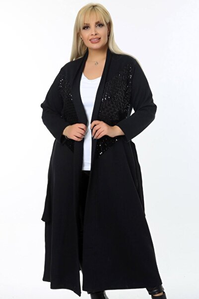 Kheos Full Length Long Cool Cardigan with Pockets, Belt and Sequin Detail