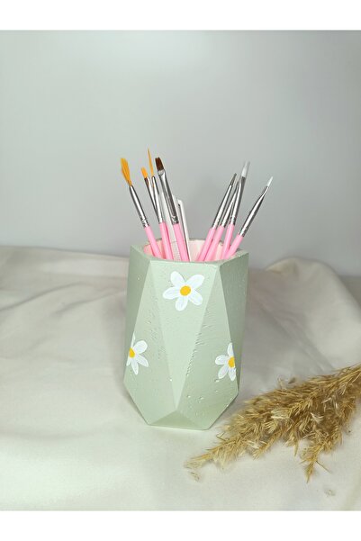 MİLE CONCEPT Masaüstü Dekoratif Papatya Desen Beton Kalemlik yeşil