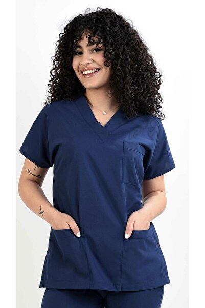 Kıraç Uniform Doktor, Hemşire Forması Gece Mavi Likralı Tek Üst Forma, Scrubs