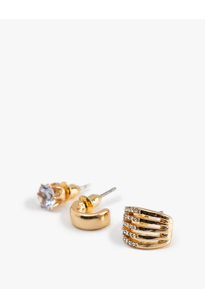 Koton Stone Detailed 3-Piece Ball and Hoop Earring Set
