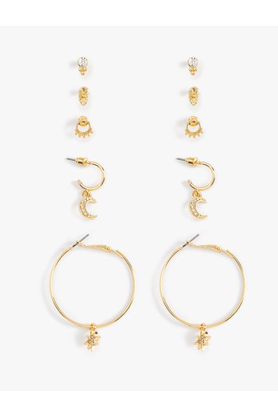 Koton Steel Stone Detailed 5'Li Ball and Ring Earrings Set