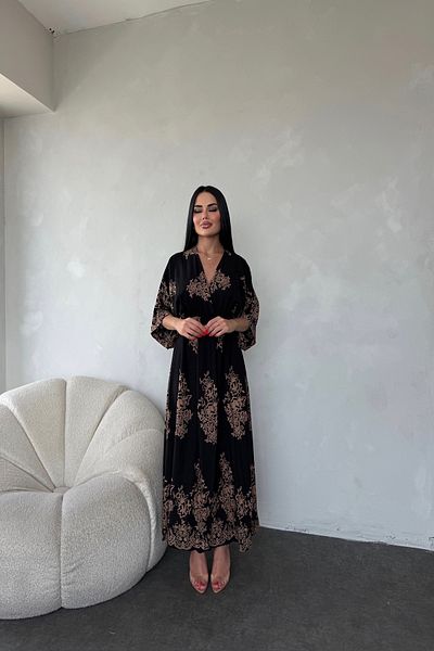 LİLA İSTANBUL Double Breasted Collar Elastic Waist Slit Detailed Ethnic Patterned Viscose Fabric Summer Dress
