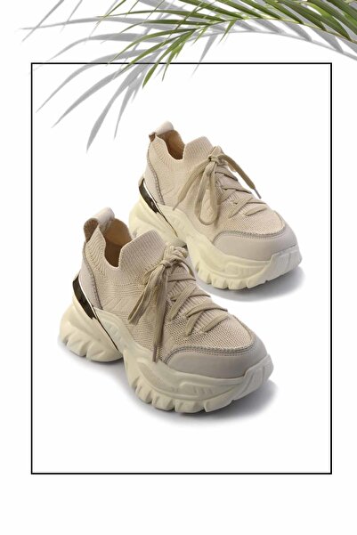 Bambi Genuine Leather Cream Cream Knitwear Women's Sneaker - K01480004903