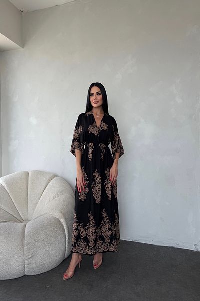 LİLA İSTANBUL Double Breasted Collar Elastic Waist Slit Detailed Ethnic Patterned Viscose Fabric Summer Dress