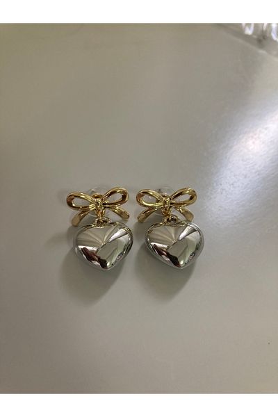 ırmco Gold Bow and Silver Heart Special Series Earrings