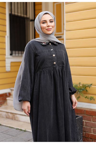 Pamuk Butik Γυναικείο τζιν φόρεμα με μοτίβο στον γιακά και τσέπη στο στήθος