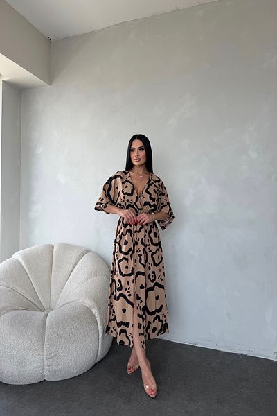 LİLA İSTANBUL Rochie de vară din țesătură din viscoză cu guler dublu, cu talie elastică, cu detaliu cu fante