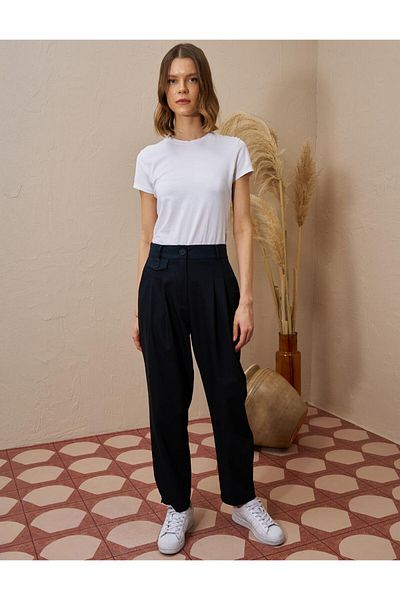 Kayra Buttoned Carrot Cut Trousers Dark Navy Blue