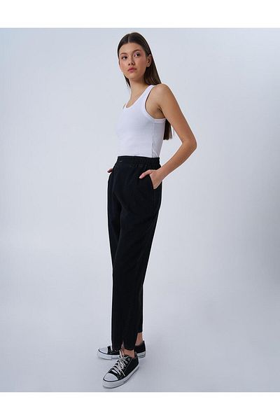 KYR Black Carrot Cut Lyocell Trousers with Elastic Waist