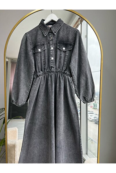 Bold Grup Women's Elastic Waist Pocket Detailed Hijab Denim Dress