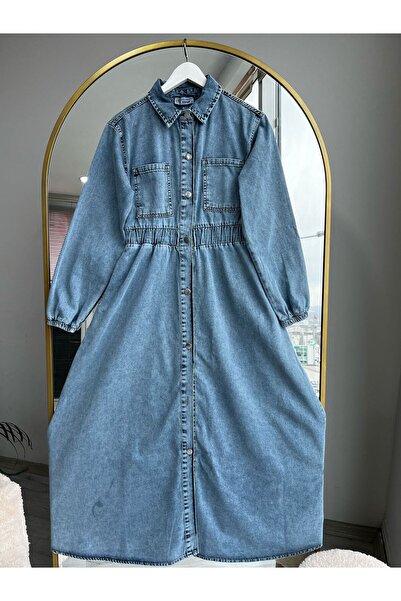 Bold Grup Γυναικείο τζιν τζιν φόρεμα Hijab με λεπτομέρεια τσέπης στη μέση