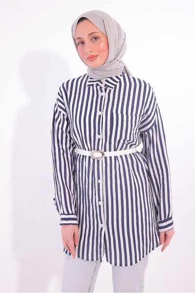 TRENDTESETTÜR Women's Navy Blue Belted Striped Shirt Tunic (t 5474)